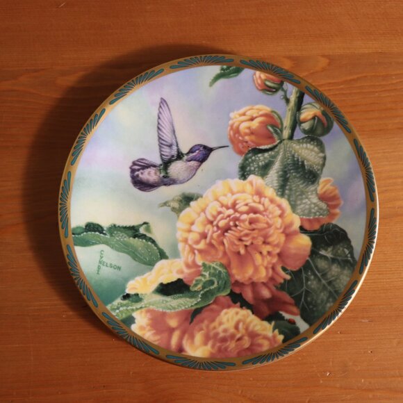 Cyndi Nelson hummingbird decorative plate "Costa's Hummingbird and Hollyhocks" - Picture 5 of 5